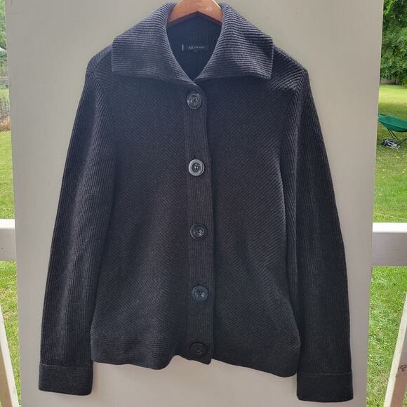 Anne Klein Minimalist Prep Gray Charcoal wool Blend long sleeve cardigan SZ L - Picture 2 of 8